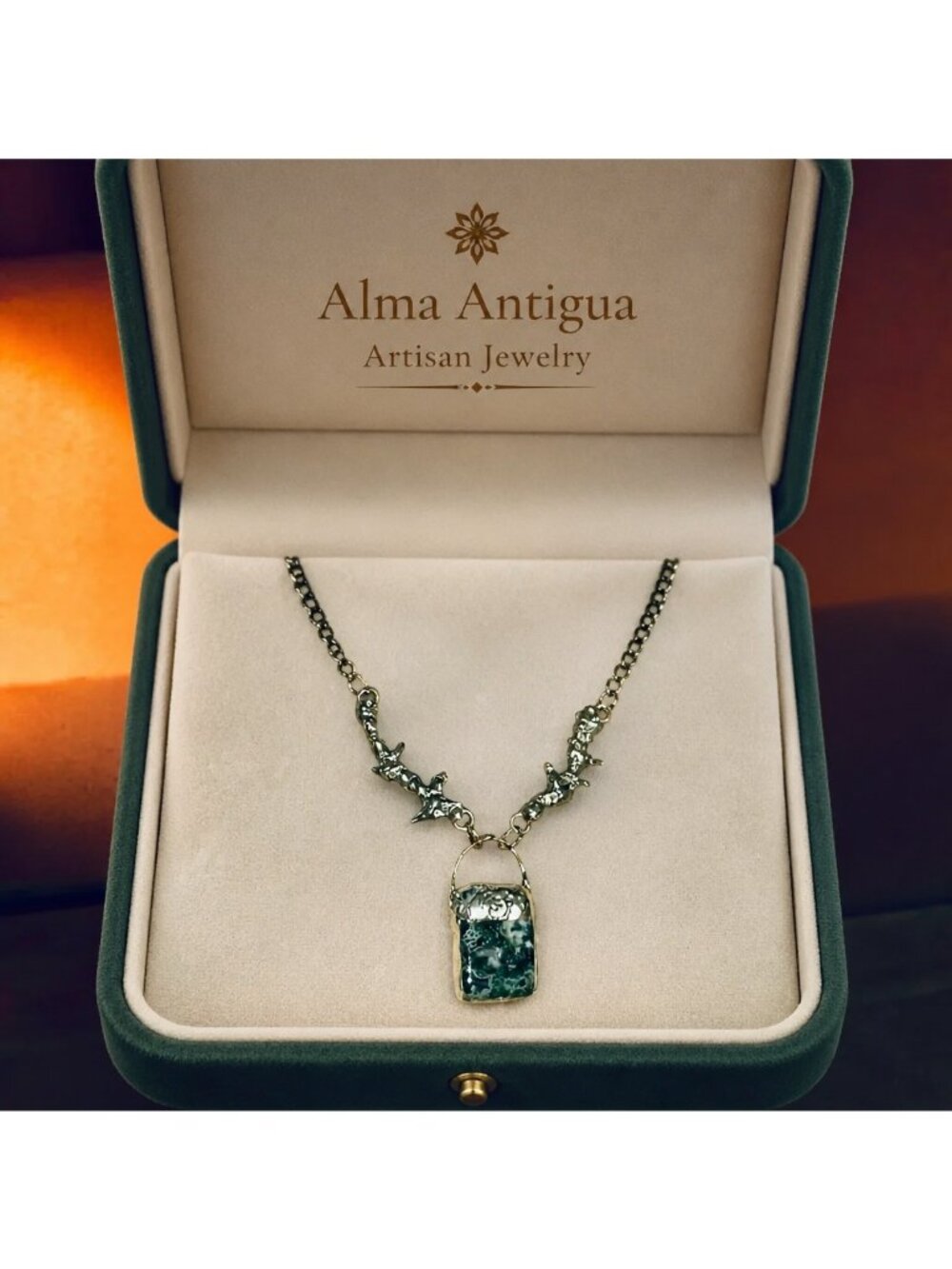 Moss Agate Pendant - Free Form Brutalist Silver Thorn Necklace | Alma Antigua